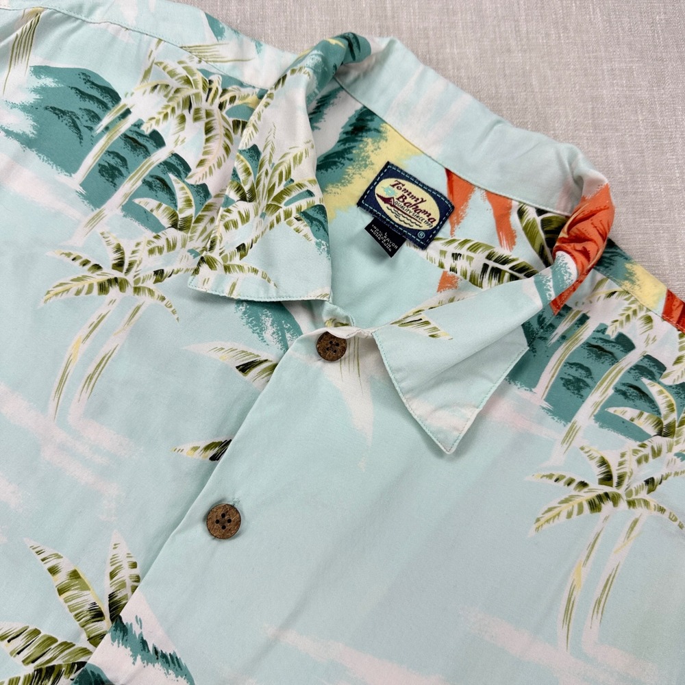 Tommy Bahama Campā Shirt Mens Large Blue Tropical Palm Tree Rayon Button Up